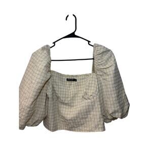 Nasty Gal Plaid Tan Puff Sleeve Crop Top Size 8